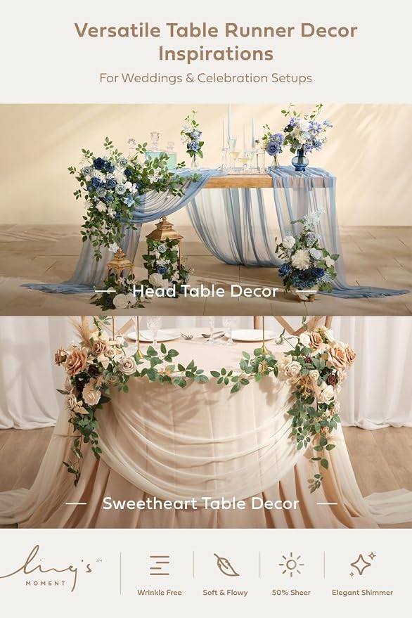 Ling's Moment 14Ft Navy Blue Table Runner, Wedding Chiffon Table Runners | - Image 5