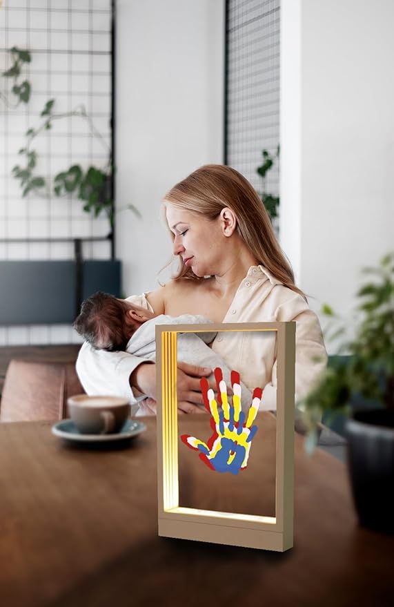 CHERRY CHEERS Family Handprint Kit with Light, Handprint Keepsake Frame, Wooden Led Light, Easy Install, No Need Screw etc, Non-Toxic Paints (White)