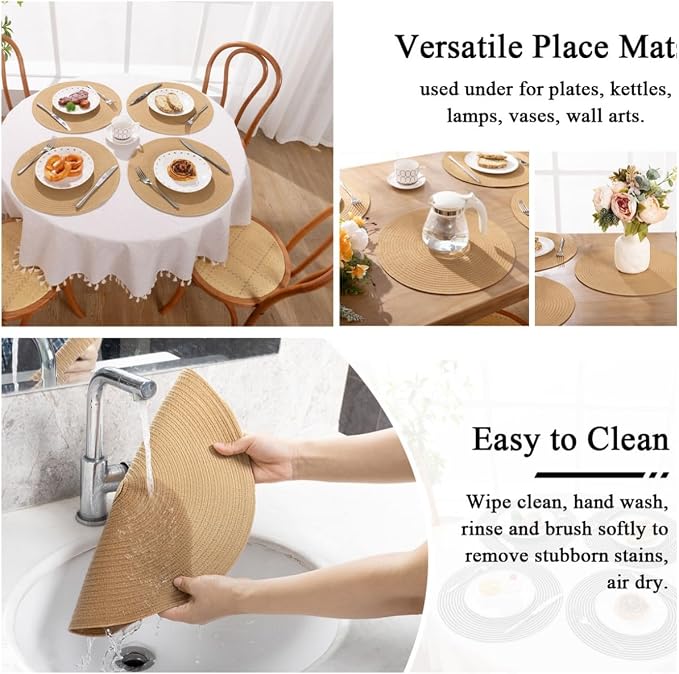 SHACOS 15 inch Round Braided Placemats Set of 4 Cotton Polyester Place Mats - Image 9