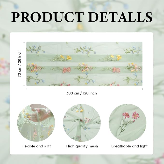 Artoid Mode Wildflower Floral Sage Green Gauze Embroidery Table Runner 120 Inch - Image 6
