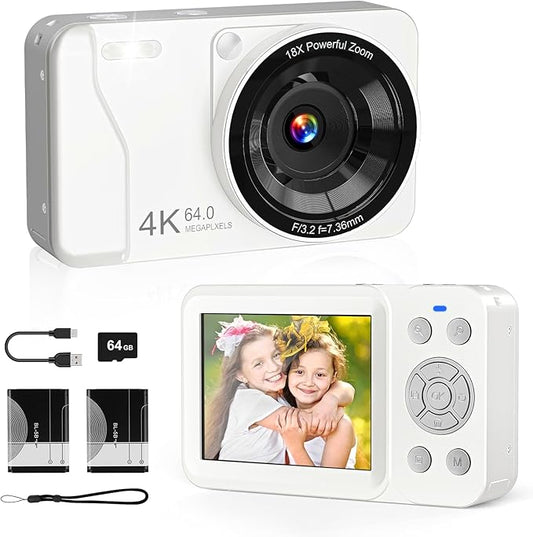 Digital Camera, 4K 64MP, 18X Zoom, Point and Shoot Digital Camera with 64GB TF Card & 2 Batteries, Portable Rechargeable Small Camera for Kids Teens Adult, White