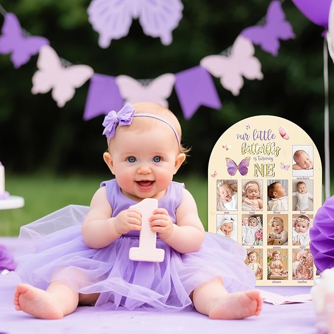 R HORSE My First Year Photo Display Wood Board - 3D Pink Purple Butterfly Baby's First Year Picture Frame, 12 Months Milestone Board Neutral Baby Keepsake Gift 1st Birthday Nursery Decor for Girl
