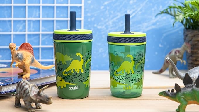 Zak Designs Dino Camo Kelso Tumbler 3pc Set, Leak-Proof Screw-On Lid with Straw, Bundle for Kids Includes Plastic and Stainless Steel Cups with Additional Sipper, 15 fluid ounces