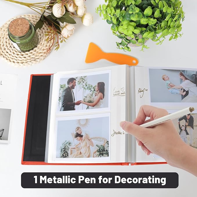 RECUTMS Small Photo Album Self Adhesive Scrapbook Magnetic Photo Albums for 4x6 5x7 8x10 Pictures for Baby Family Wedding 40 Pages with Metal Pen and Plastic Board (Orange)