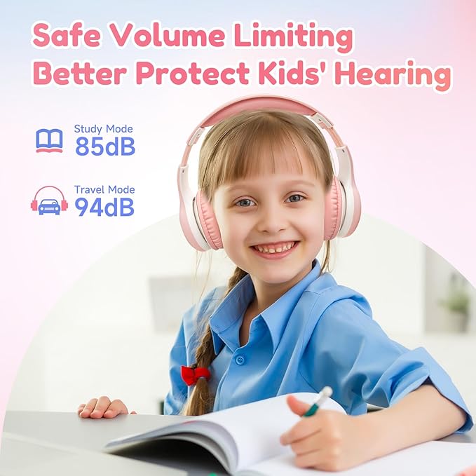 EarFun K2 Kids Bluetooth Headphones, Kids Headphones with Volume Limited, 40H Playtime, Built-in Mic, Stereo Sound, Foldable Over-Ear Headphone for School/Travel/iPad/Tablet, Pink