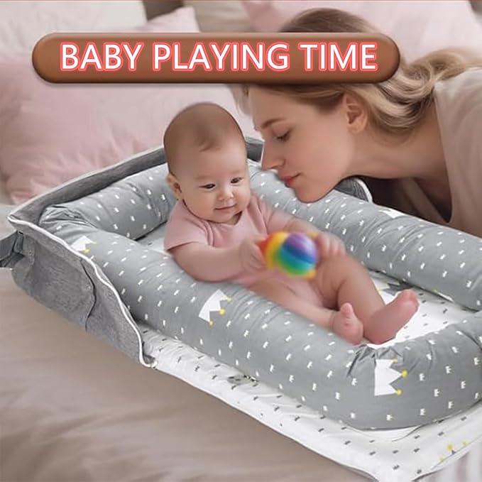 Baby Lounger for Newborn Portable Bag,Baby Nest Play Gym mat with Strap,Newborn Lounger Adjustable Size & Inner Zipper Lengthen Space to 24 Months(Letter Gray)