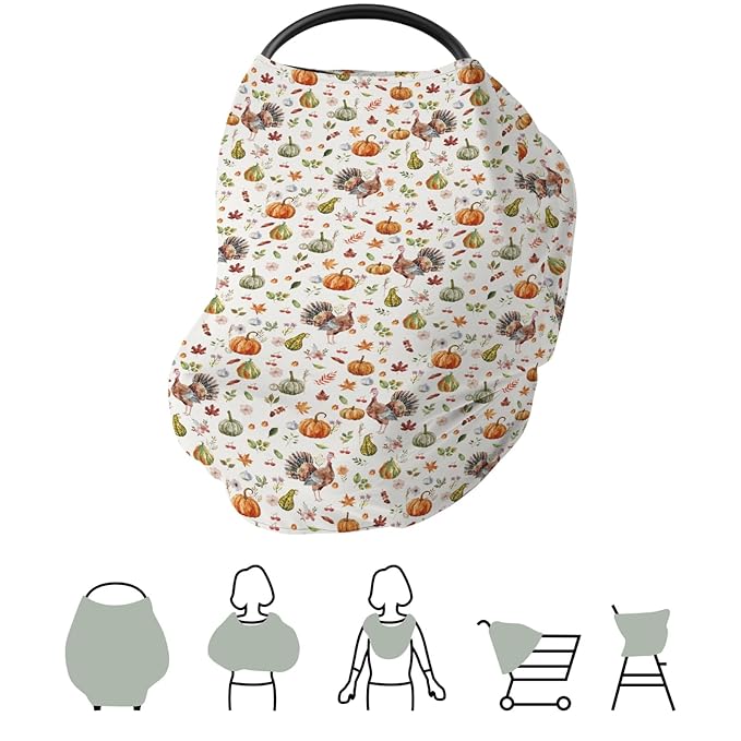 Thanksgiving Turkey Pumpkins Car Seat Covers Vintage Autumn Leaves Stretchy 5-in-1 Cover Adjustable Infant Carseat Cover Canopy Fall Harvest Breathable Nursing Cover-Up