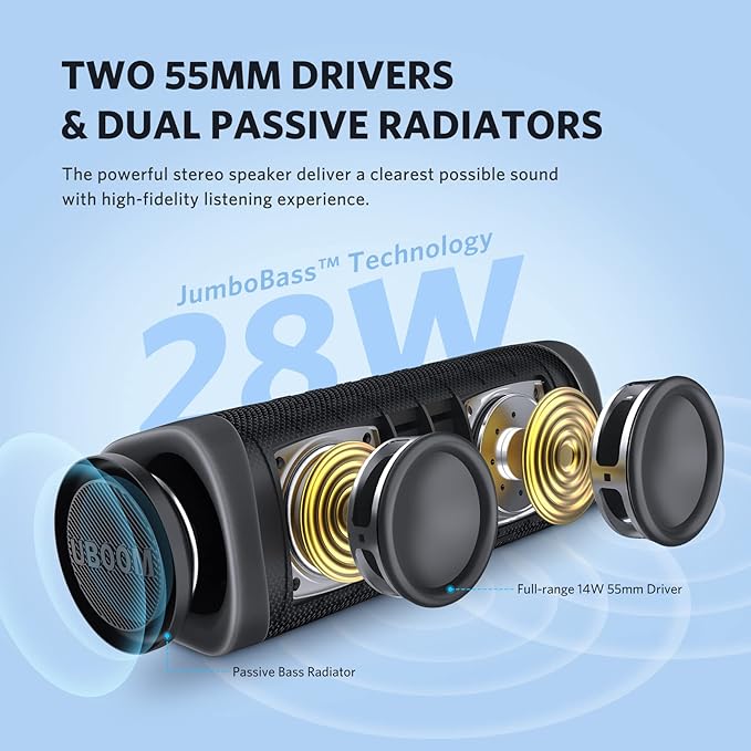 EarFun UBOOM L Bluetooth Speaker, Portable Speaker 28W Loud Stereo Sound, Rich Bass, IP67 Waterproof & Dustproof, Dual Pairing, Built-in Mic, Low Latency, Wireless Speakers for Party, Indoor & Outdoor