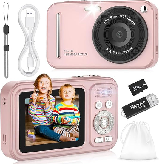Digital Camera for Kids, WITYEAH 48MP FHD 1080P Point and Shoot Digital Cameras with 16X Zoom Anti-Shake, Compact Portable Cameras for Photography, for Boys Girls Teens Beginners-Pink