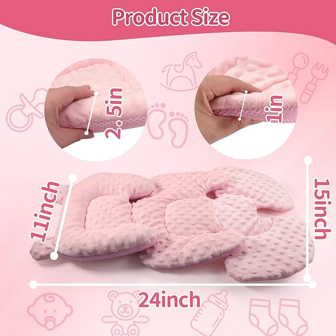 3in1 Reversible Carseat Head Body Support Newborn,3D Minnky Infant Car Seat Insert,Extra Soft Breathable Baby Car Seat Pillow Cushion Boys Girls,fit Stroller,Bouncer,Swing(Pink)