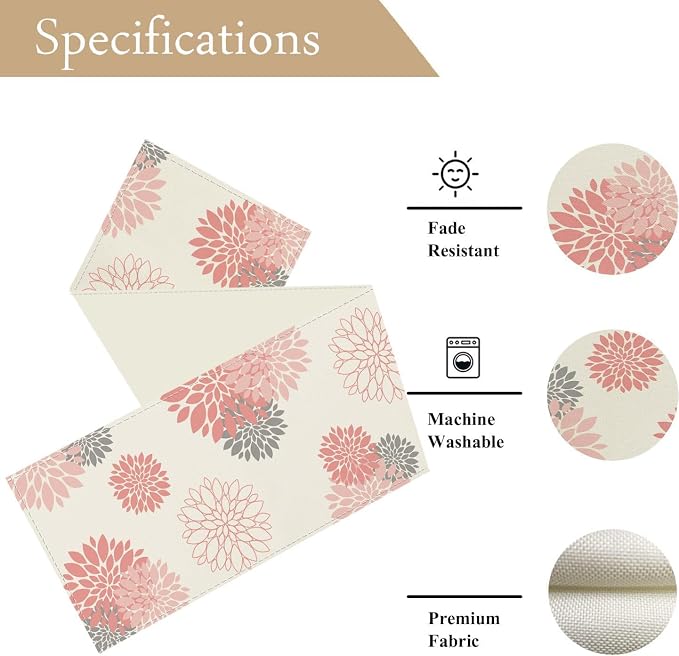 Pink Gray Table Runner Dahlia Pinnata Flower Beige Table Runners Modern Elegant - Image 4