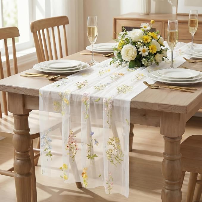 Artoid Mode 6PC Wildflower Floral Milky White Gauze Embroidery Table Runner 120 - Image 2