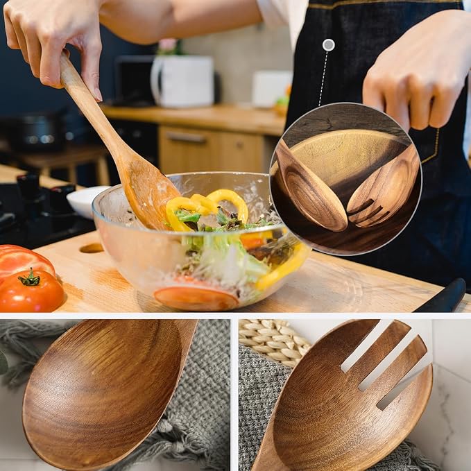Teak Wood Salad Serving Spoon and Spork 13-Inch, Large Wooden Salad Server Set - Image 5