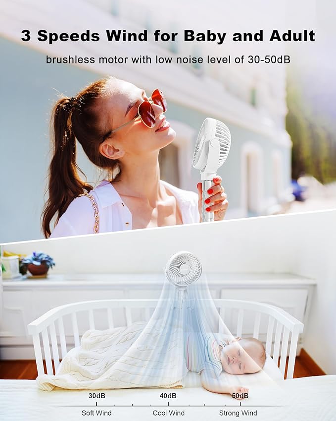 Stroller Fan Clip on for Baby, 4000mAh Rechargeable Battery Operated, Flexible Tripod, 3 Wind Speed, 360° Rotatable, Small Portable Fan for Car Seat Crib Golf Cart Bike Beach Travel, White