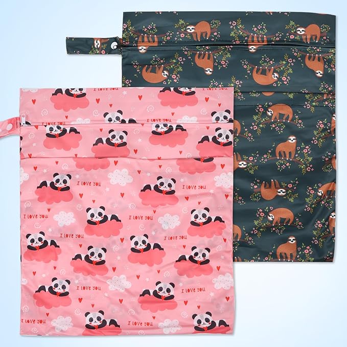 2pcs Travel Waterproof Laundry Bag, Cloth Diaper Wet Dry Bags with Handle & 2 Zipper Pockets, Reusable Washable Dirty Clothes Bag for Baby Adult Travelling Hanging, Bathing Beach Pool Daycare