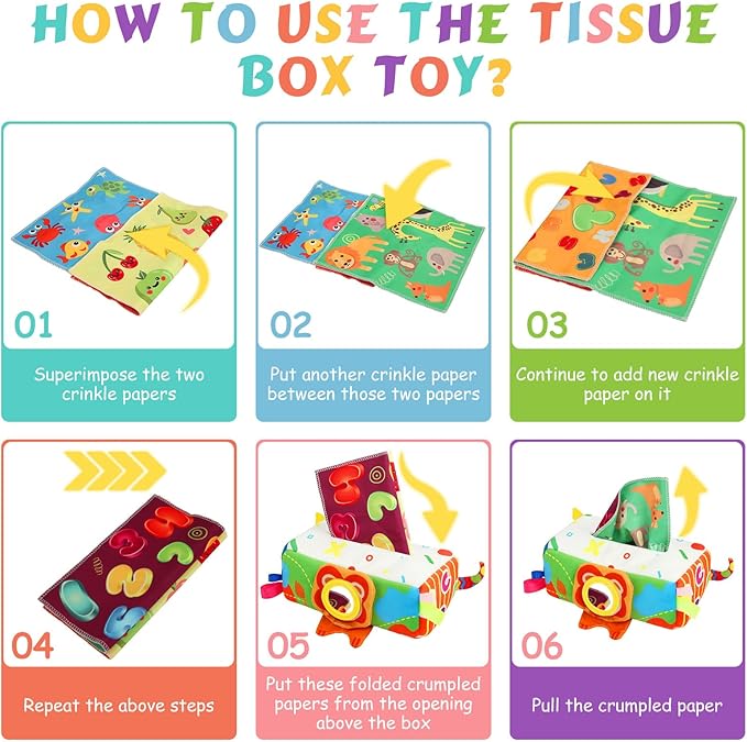 Baby Tissue Box - Montessori Toys for 6-12 Months, 1 Year Old - Soft Stuffed & High Contrast Crinkle Infant Sensory Toy, Early Learning Gift for Girls & Boys Toddlers