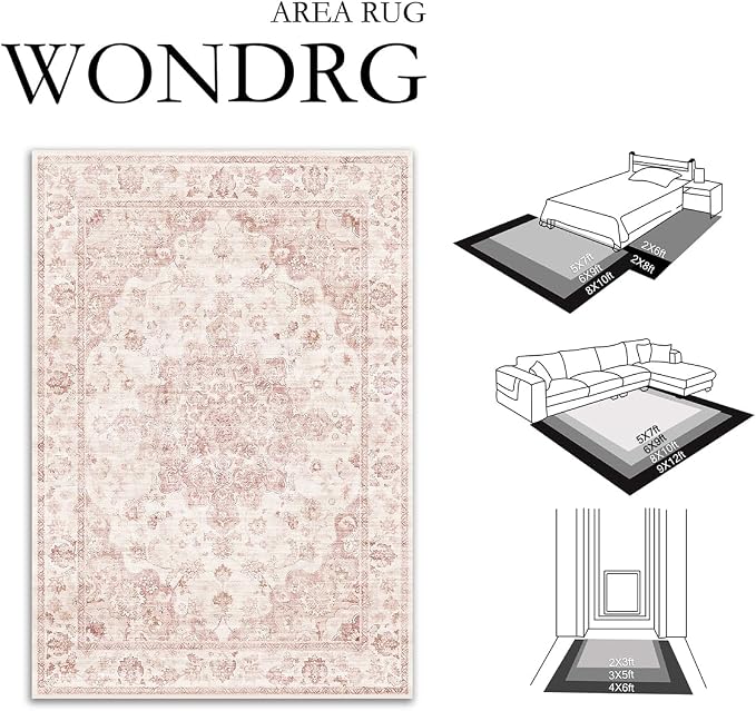 5x7 Washable Neutral Area Rug Pink Vintage Living Room Bedroom Carpet Non-Slip - Image 2