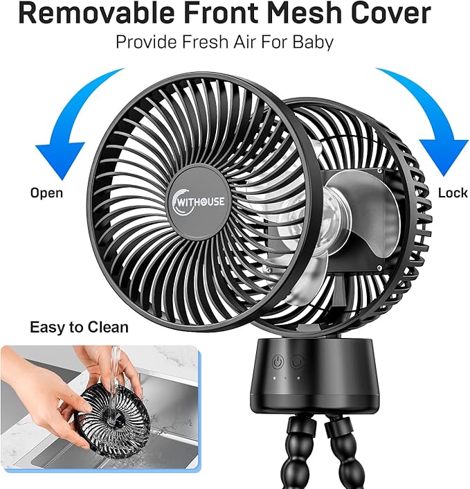 20000mAh Portable Stroller Fan, 120° Auto Oscillation, 3-IN-1 with Power Bank LED Light Detachable Flexible Tripod Rechargeable Battery Powered Clip On Fans Desk for Baby Crib Car Seat Travel