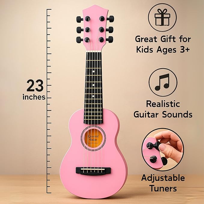 23" Acoustic Guitar, Kids 6 String Toy Guitar - Realistic Steel Strings - Beginner Practice First Musical Instrument for Children, Toddlers (Pink)