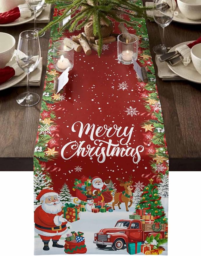 Merry Christmas Table Runner 48 Inches Long, Santa Xmas Tree Snowflake Table by Unknown
