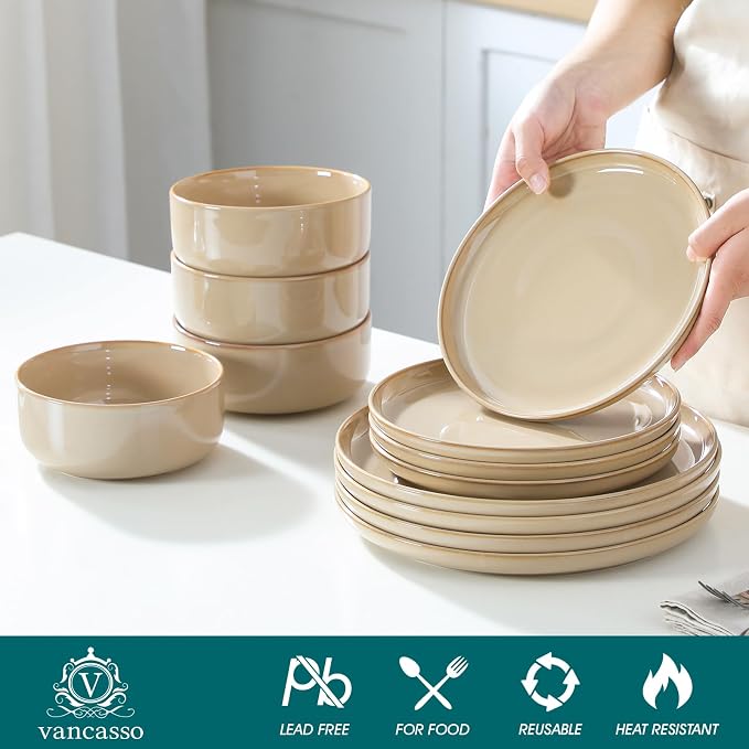 vancasso PLAYA Plates and Bowls Sets, 12 Pieces Brown Dinnerware Sets - Image 3