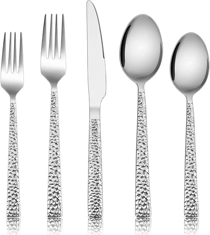 E-far 80-Piece Hammered Silverware Set, Stainless Steel Square Flatware Set by E-far