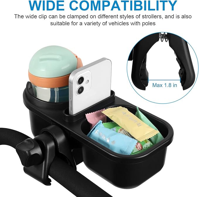 Accmor Stroller Cup Holder with Tray, Universal Cup Holder, Bike Bottle Holder, 360° Rotatable Large Caliber Drinks Holder for Stroller, Bike, Wheelchair, Walker