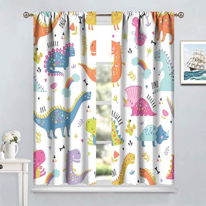 Cartoon Dinosaur Curtains for Kids Boys Girls Home Decor Childish Cute Dino Animals Print Pattern Rod Pocket Blackout Window Drapes for Nursery Baby Bedroom Playroom W36xL63in 2 Panels