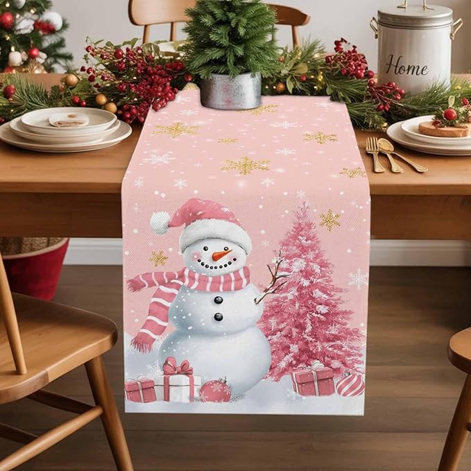 Pink Christmas Snowman Table Runners 60 Inches Long, Cotton Linen Fabric - Image 5