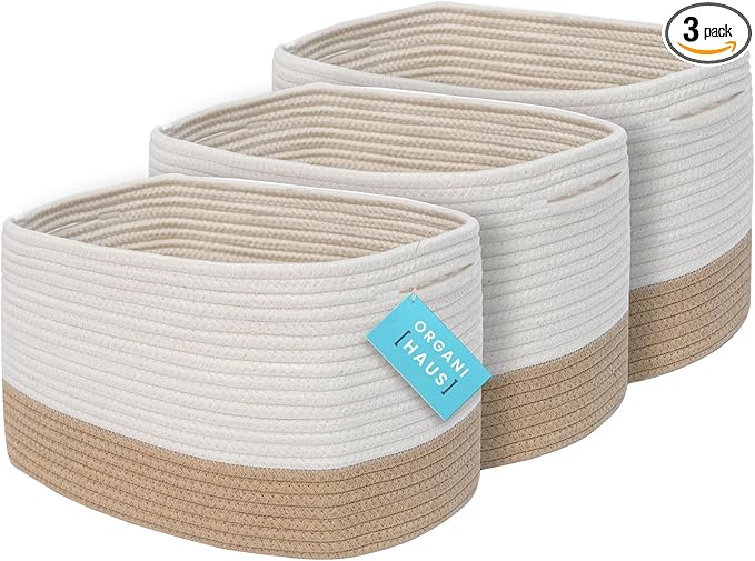 OrganiHaus Set of 3 Storage Baskets for Shelves, Cotton Rope Basket for Decor, Shoe Basket Organizers & Storage, Decorative Storage Baskets & Bins, Cute Storage Basket for Toys & Cloths, Honey