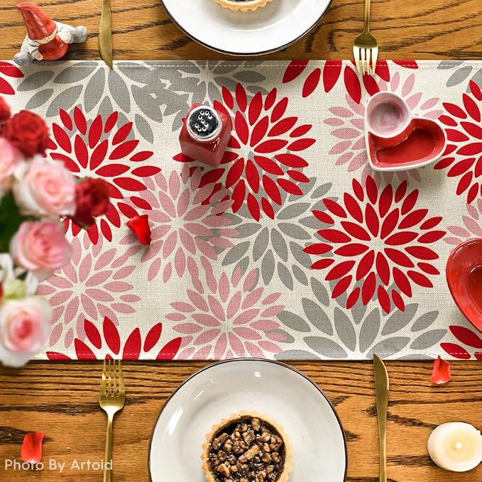 Artoid Mode Red Pink Dahlia Floral Pinnata Christmas Table Runner, Valentine - Image 7