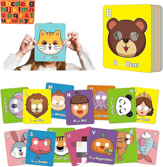 26 PCS Alphabet ABC Flash Cards with Animal Masks, Alphabet mask Cards, Giant Letter ABC Animal Faces Flash Learning Flashcards, Interactive Education Games, Learn Letters (Multicolor, 2Pcs)