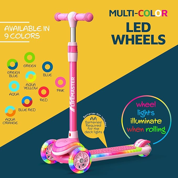3-Wheel Kids Scooter with Multi-Color Lights on Deck & Wheels – 5-Height Adjustable Handlebar, Wide Anti-Slip Deck, Child Safety Certified, Boys & Girls Ages 3+ Supports Up to 150 lbs