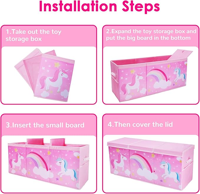 Unicorn Extra Large Toy Box Chest with Flip Lid for Kids, Collapsible Oxford Toy Storage Box with Handles Mesh Pockets, Sturdy Waterproof Toy Box for Bedroom Playroom, 37.7×12.5×15.7 Inch