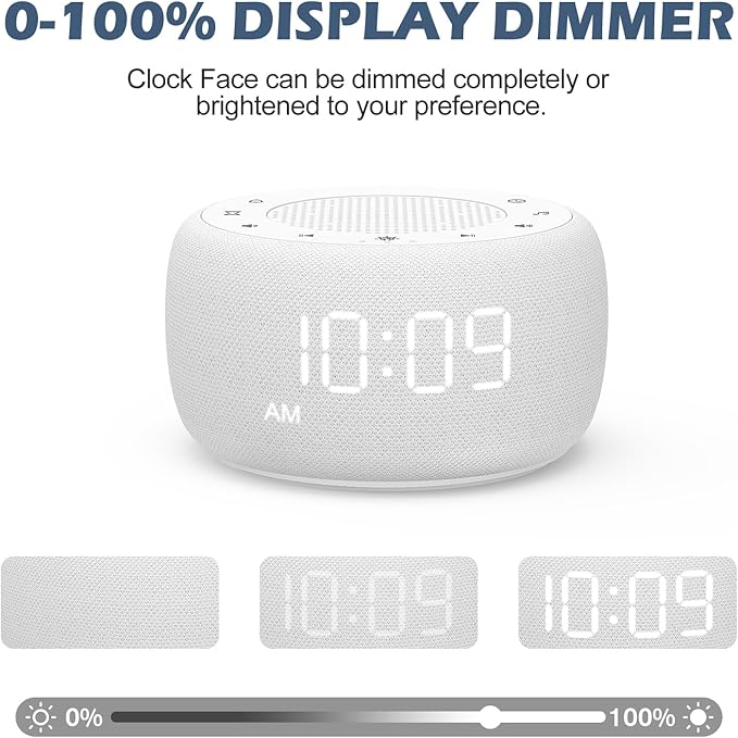 Buffbee Sound Machine & Alarm Clock 2-in-1, 0-100% Clock Face Brightness, Bottom Colored Light, Sleep Timer, Precise 30-Level Volume Control White Noise Machine - White
