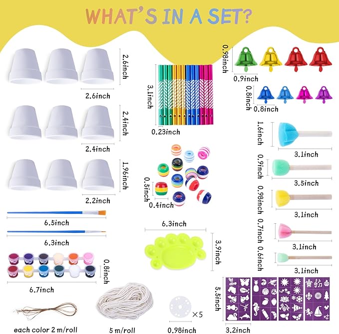 FULAIERGD 3 Pack Wind Chime Making Kit for Kids- Wind Chime Craft Painting Kit-Ceramic Pot, Bells, Stencils and Beads DIY Crafts Gifts for End of Year Student, Christmas, Birthday, Summer Decor