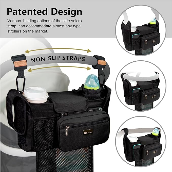 TOPDesign Universal Baby Stroller Organizer, Stroller Caddy with Detachable Mesh Bag & Heightened Insulated Cup Holders & Non-Slip Secure Hooks Accessories, Fits Most Strollers (Trumpet Vine)