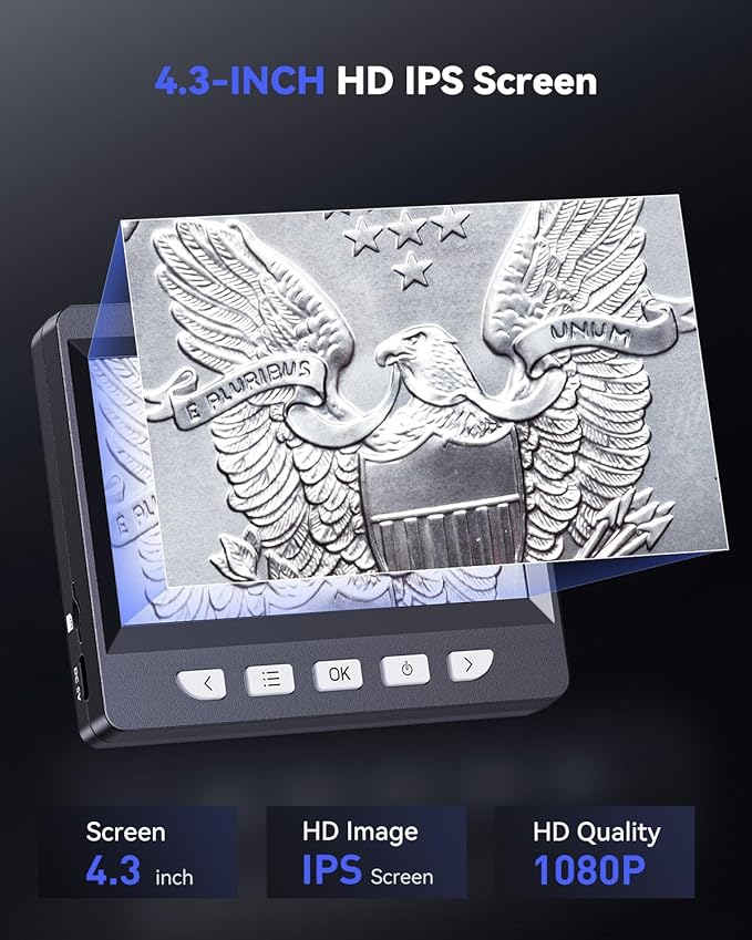 Digital Microscope, Coin Microscope with Light Adjustable Brightness 4.3" HD LCD Screen, 1000X Zoom PC View, Compatible with MacOS & Windows - Black