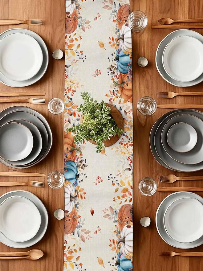 Orange Blue Pumpkin Fall Table Runner 70 Inches Long, Thanksgiving Eucalyptus - Image 7