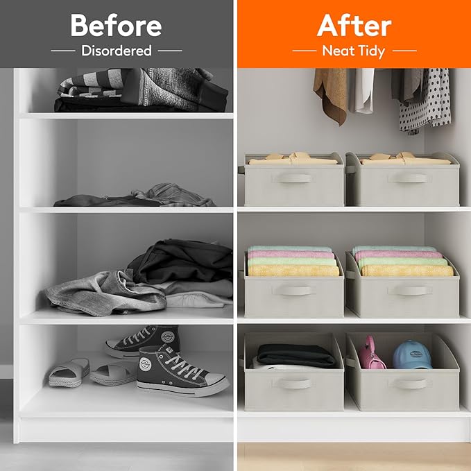 Lifewit Storage Baskets for Shelves, 6 Packs Non-woven Fabric Trapezoid Closet Organizer Bins with Handles, Foldable Clothing Containers Box for Clothes, Toy, Towel, Book, DVD, Hats, Small-Light Grey