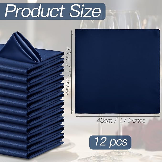 P Pothuiny 12 Pcs Navy Blue Satin Napkins 17 x 17 Inch, Satin Cloth Napkins | - Image 2