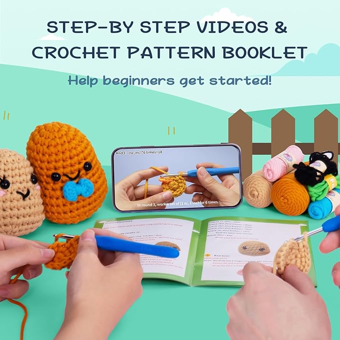 Crochetta Crochet Kit for Beginners, Learn to Crochet Kits for Adults Kids, Jumbo Potato Couple, Includes Yarn, Hooks, Stuffing, Pattern, Video Tutorials