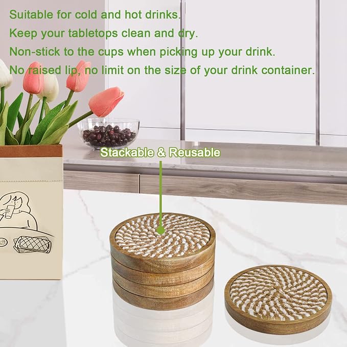 Eykao 5 Pack Coasters for Drinks Absorbent, 4.3 inches Woven Coasters for - Image 4