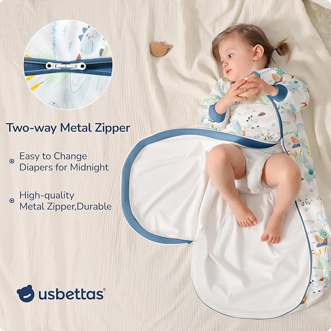 Baby Sleep Sack 6-12 Months, Cotton Detachable Long Sleeve Sleep Sack, 2.5 Tog Toddler Sleeping Sack with Temperature Strips, 2-Way Zipper Wearable Blankets for Newborns, Dinosaur