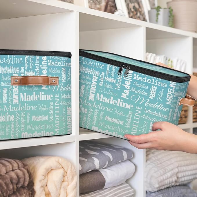 Custom Storage Basket with Name, Personalized Storage Bins with Zipper Lid, Foldable Fabric Storage Box Large capacity with Handle Grey Blue Green