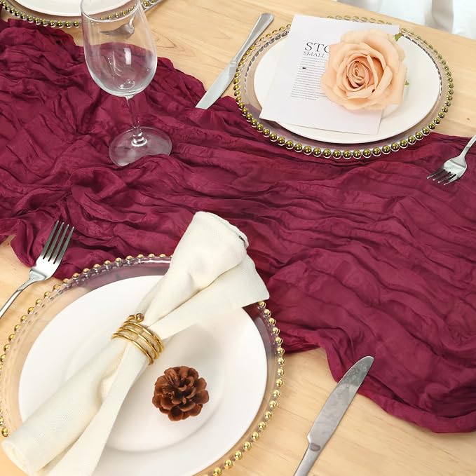 8 Pack Burgundy Red Cheesecloth Table Runner 120 Inch Boho Wedding Decor | - Image 5