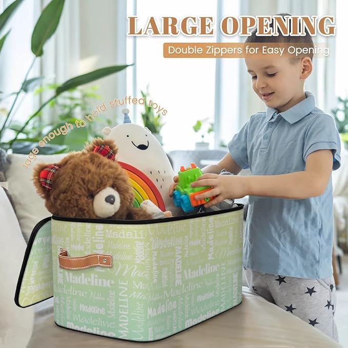 Custom Storage Basket with Name, Personalized Storage Bins with Zipper Lid, Foldable Fabric Storage Box Large capacity with Handle Yellow Green