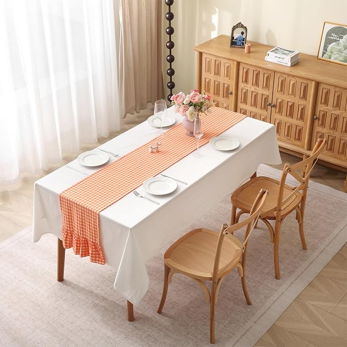 Orange White Plaid Gingham Ruffle Table Runner 72 inches Long 100% Washed - Image 2