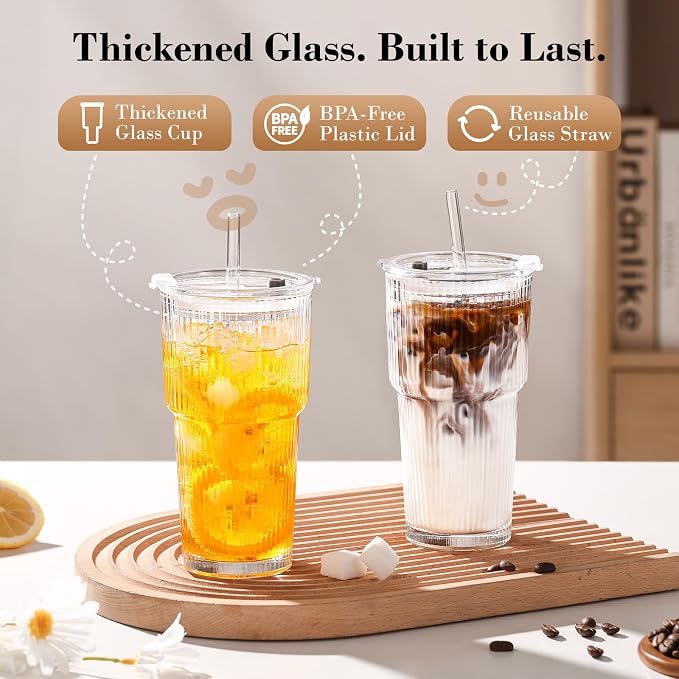 20oz Iced Coffee Cups with Lids, Ribbed Glass Cups with Lids and Straws | Thick - Image 7