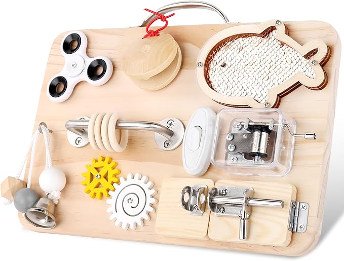 Wooden Busy Board for Toddlers, Montessori Sensory Toys for 1 2 3 4 Year Old, Autism Sensory Toys for Kids Boys Girls, Fine Motor Skills Travel Toys